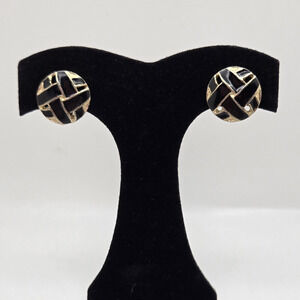 Vintage Earrings Black Enamel Goldtone Woven Clip Ons Retro Classic Midcentury